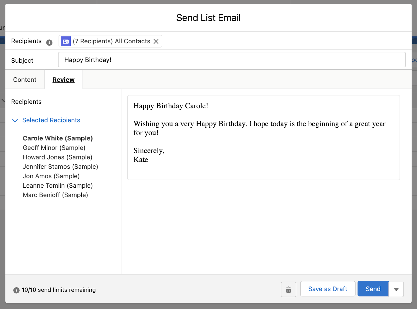 Previewing a list email