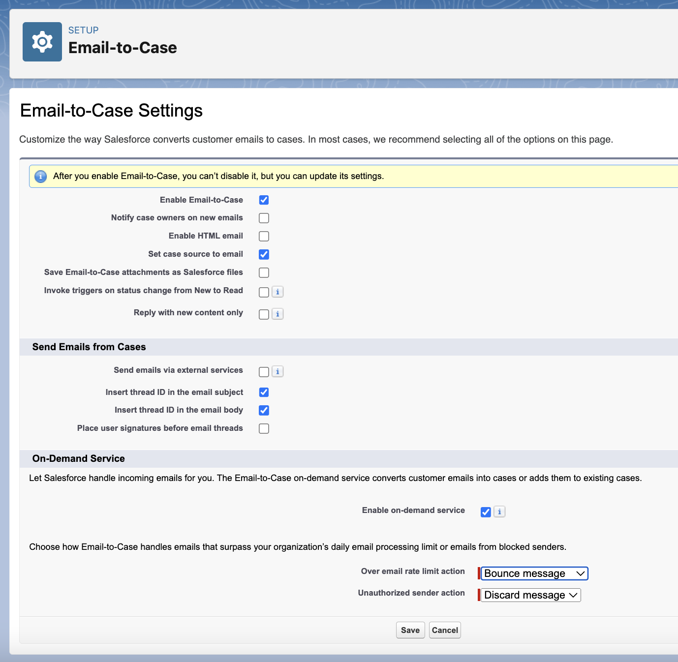 Modifying email to case settings