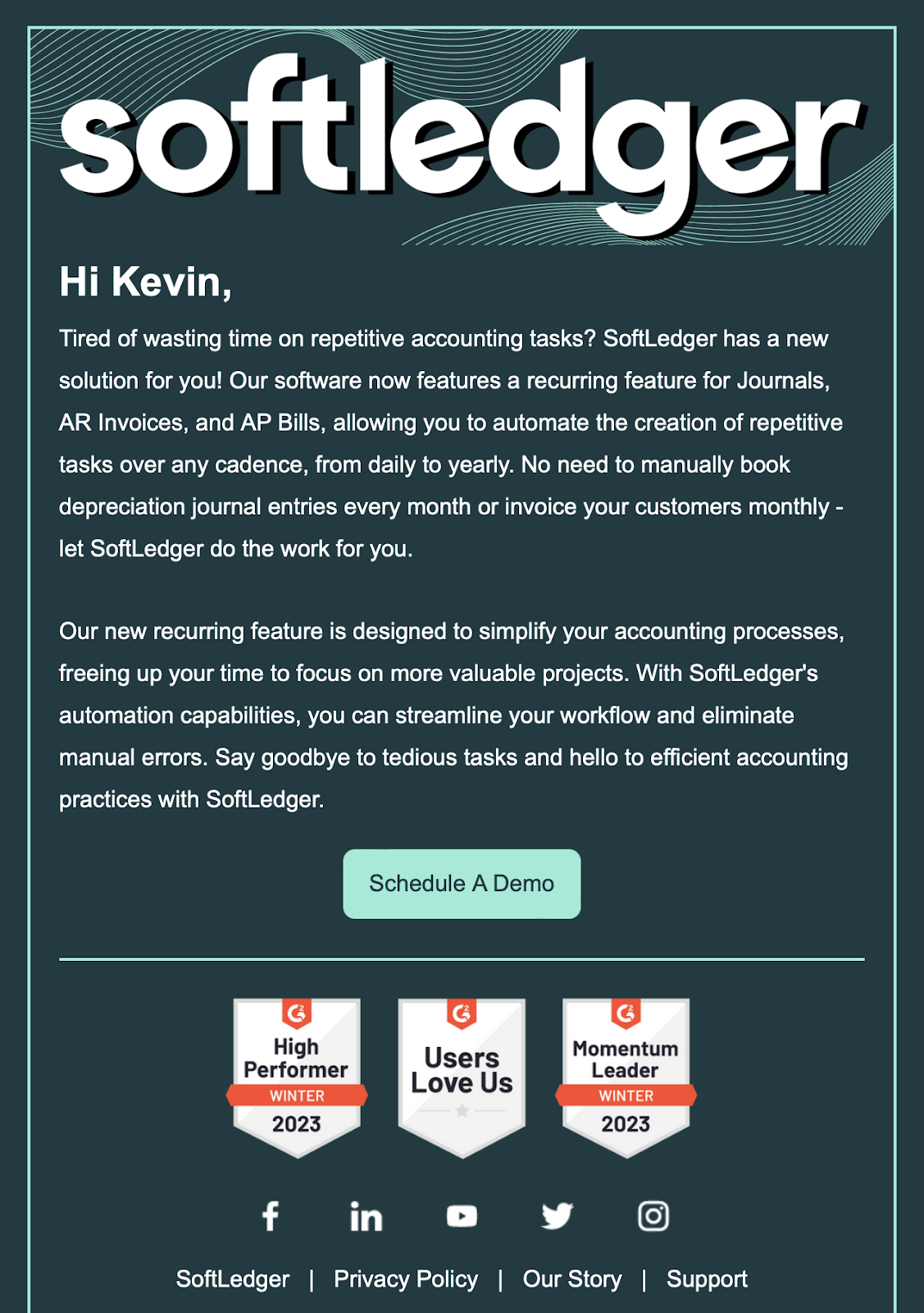 An email hyping a Softledger demo An email hyping a Softledger demo