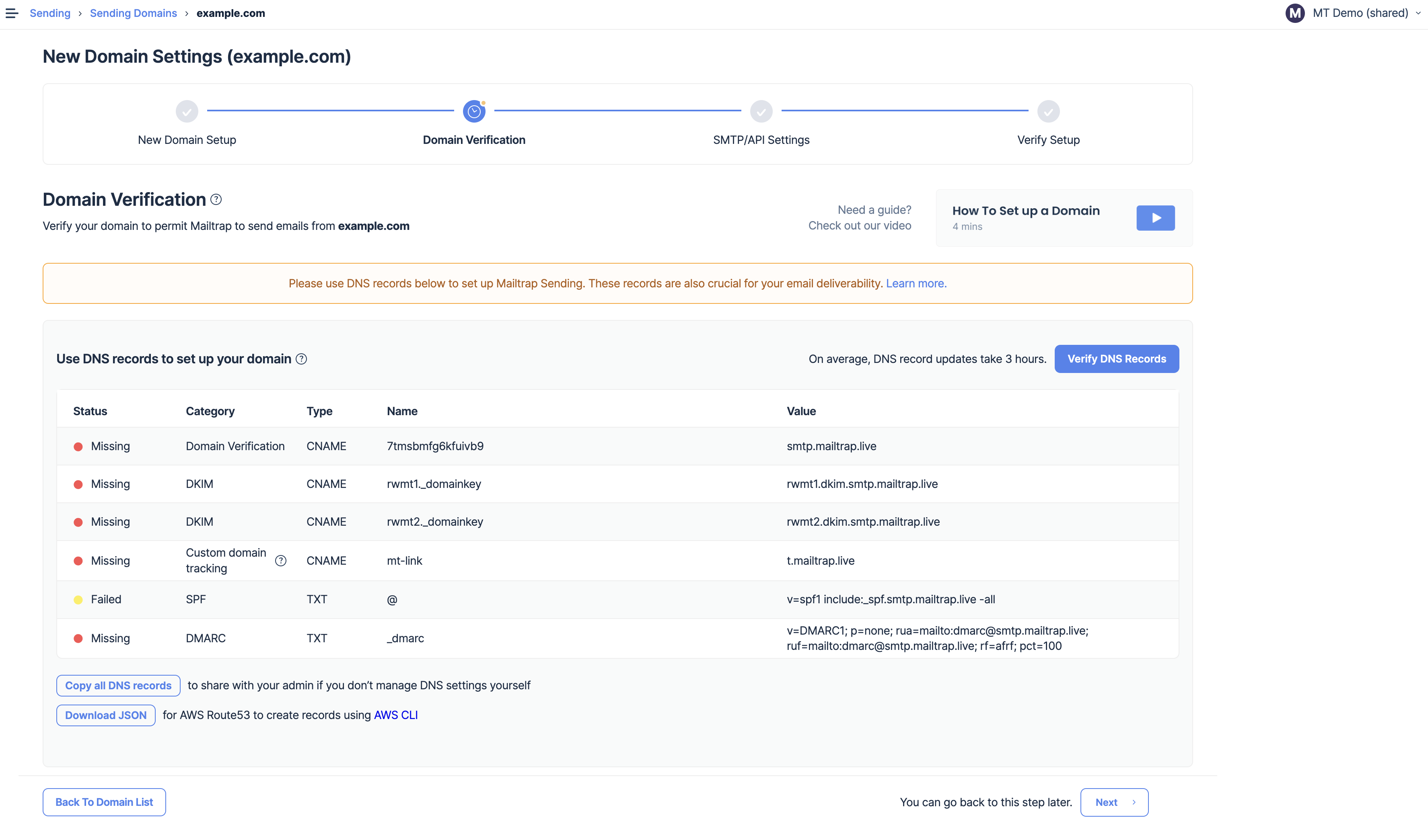 Mailtrap Email Sending Domain Settings UI