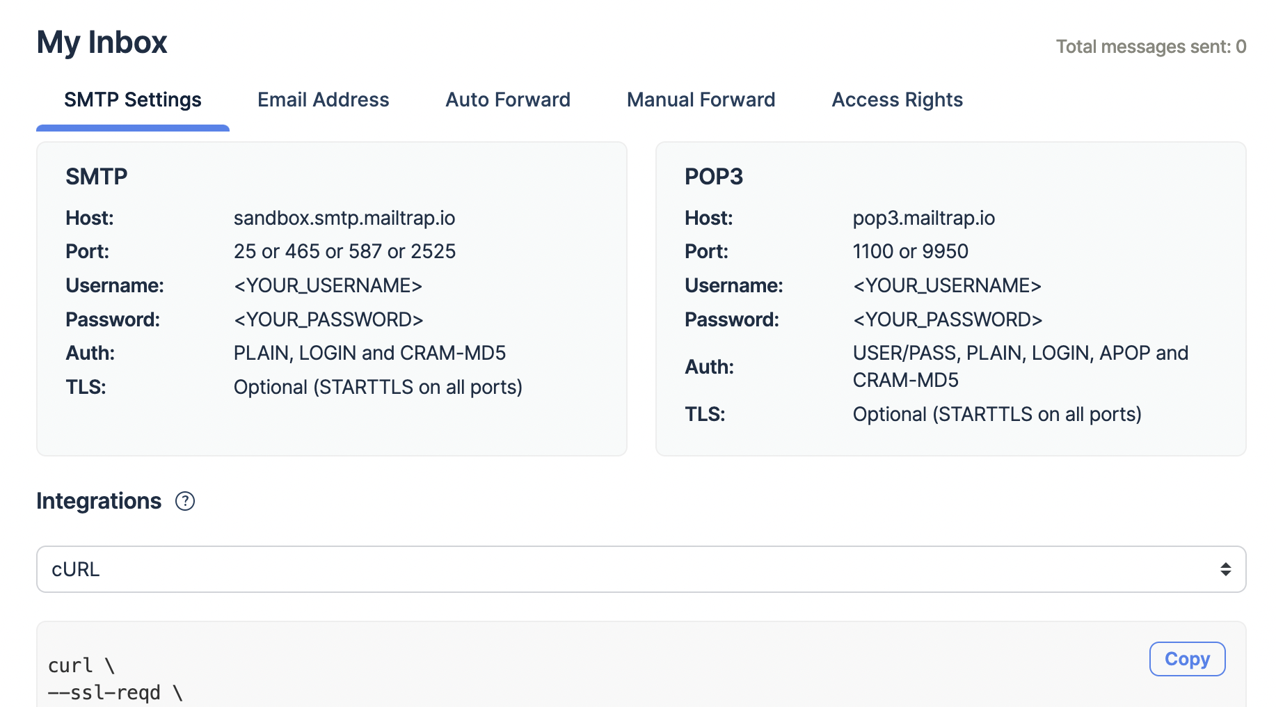 This is an image showing Mailtrap Email Testing credentials