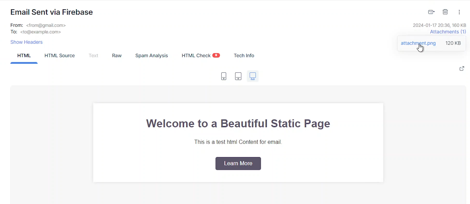 Result of sending a HTML email with Mailtrap's SMTP using Firebase.