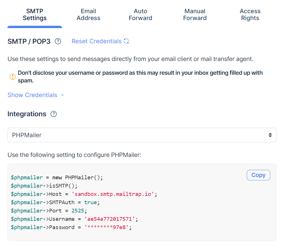 Credenciais SMTP do Mailtrap Email Testing