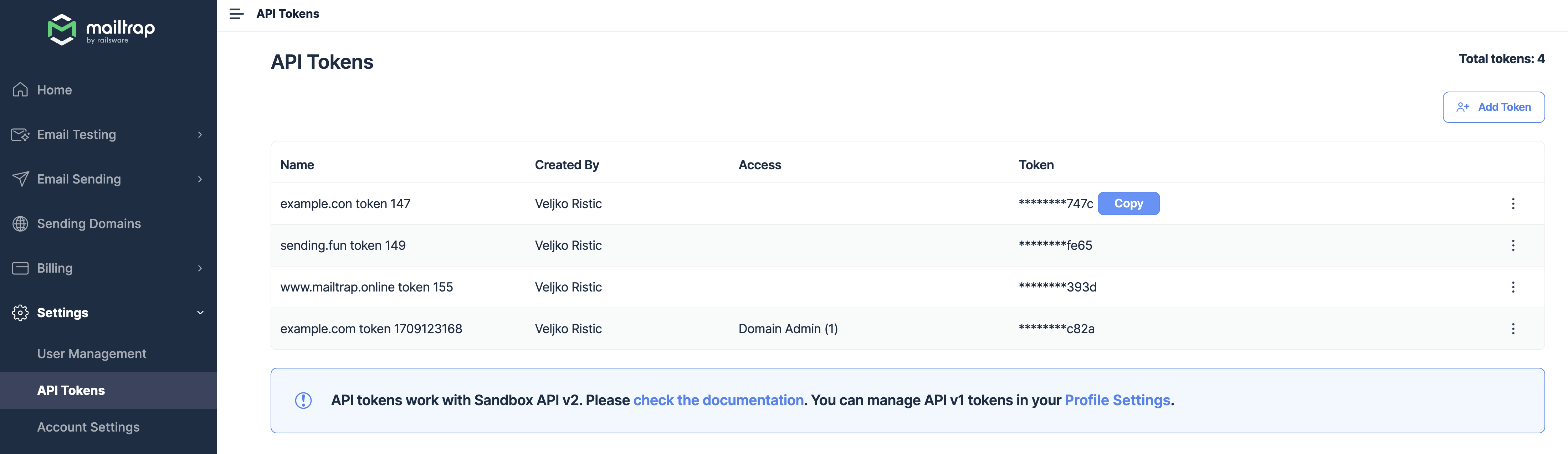 Menu de tokens API do Mailtrap