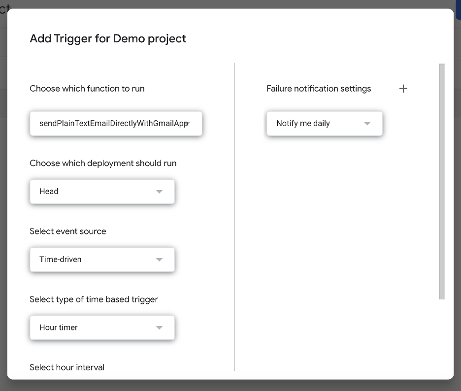 This is an image showing the App Scripts new trigger window
