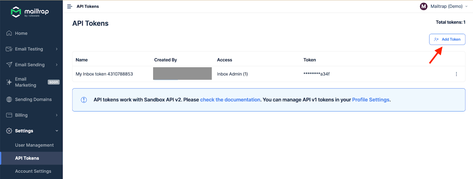 Acessando tokens da API na conta Mailtrap Email Sending