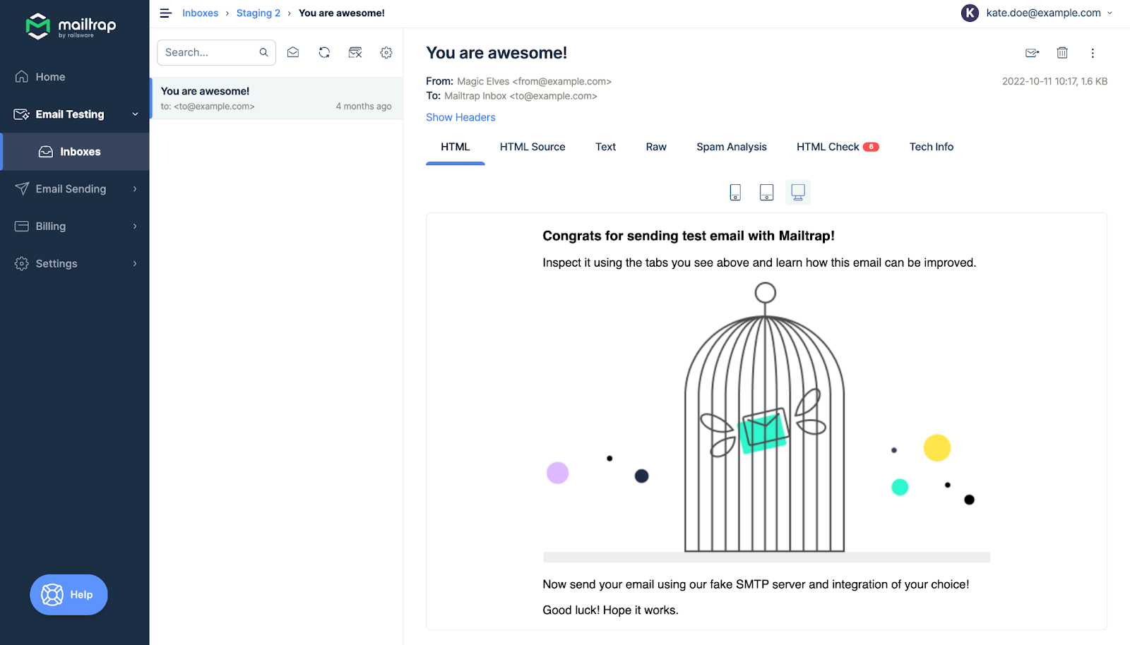 Inspecionando um email na caixa de entrada do Mailtrap Email Testing