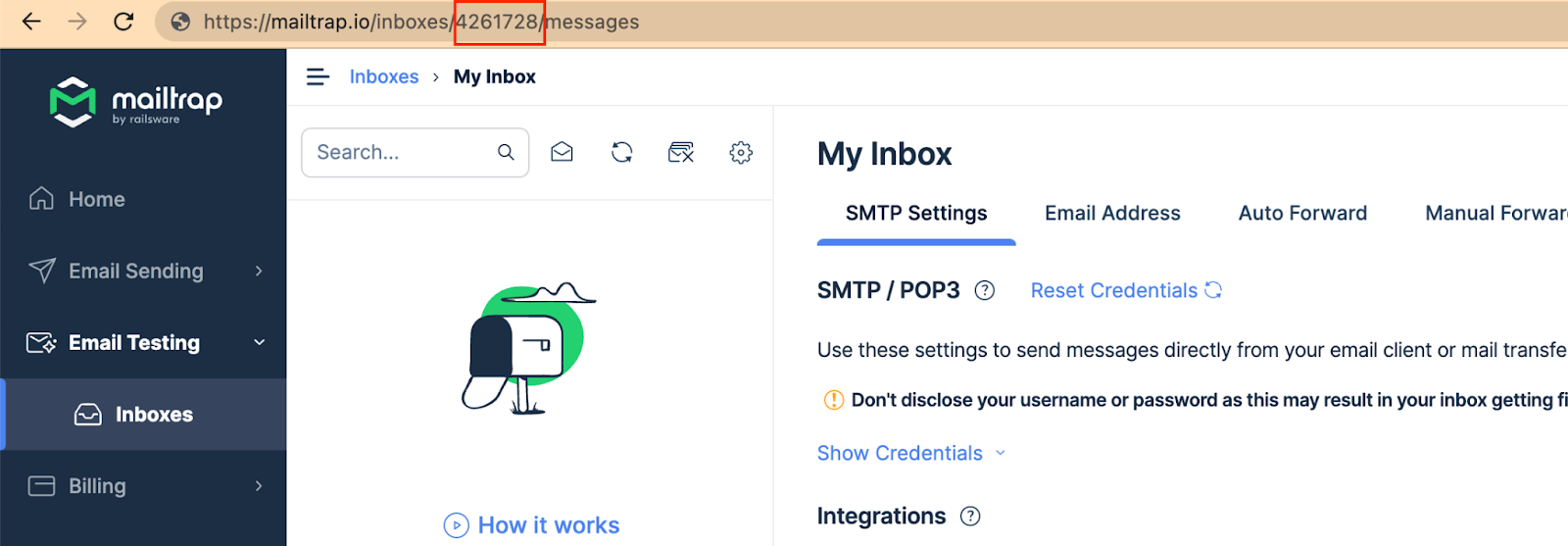 Copiando o ID da caixa de entrada do Email Testing