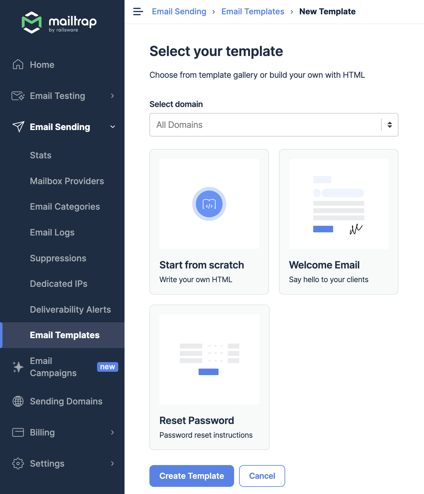 Escolhendo o formato de template desejado no Mailtrap Email Sending