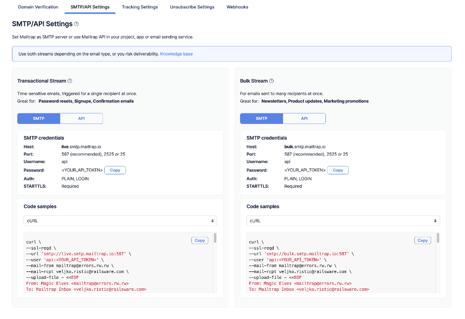 This is an image showing SMTP/API settings for Mailtrap Email Sending
