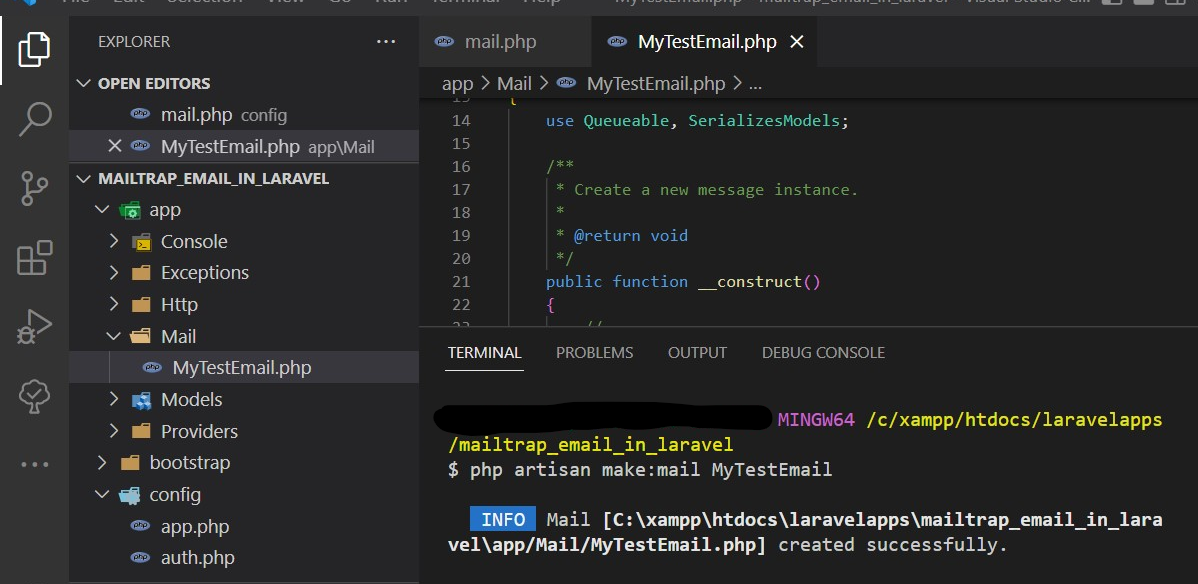 Classe MyTestEmail em app/mailMyTestEmail.php