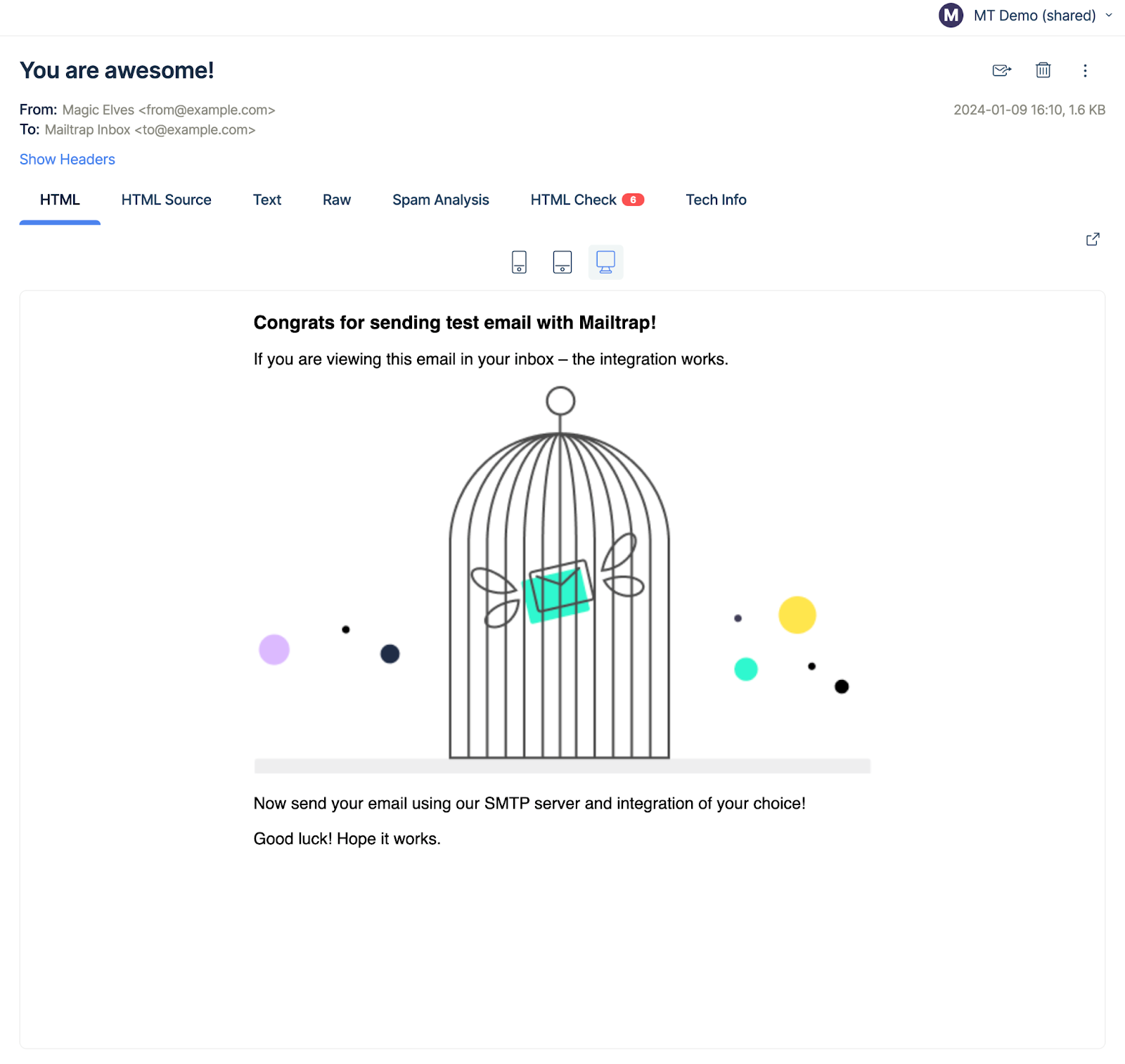 Mailtrap Email Testing HTML preview