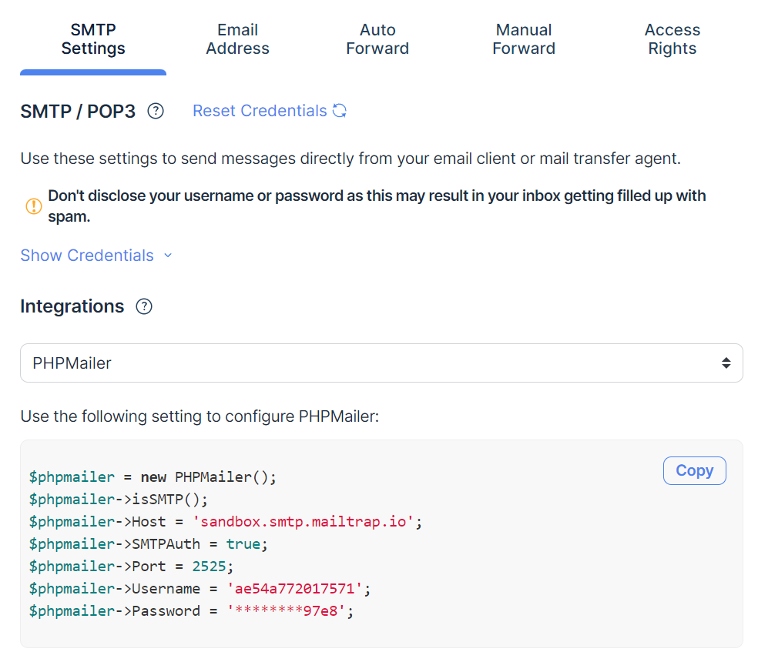 Esta é uma imagem mostrando as configurações SMTP do Mailtrap Testing