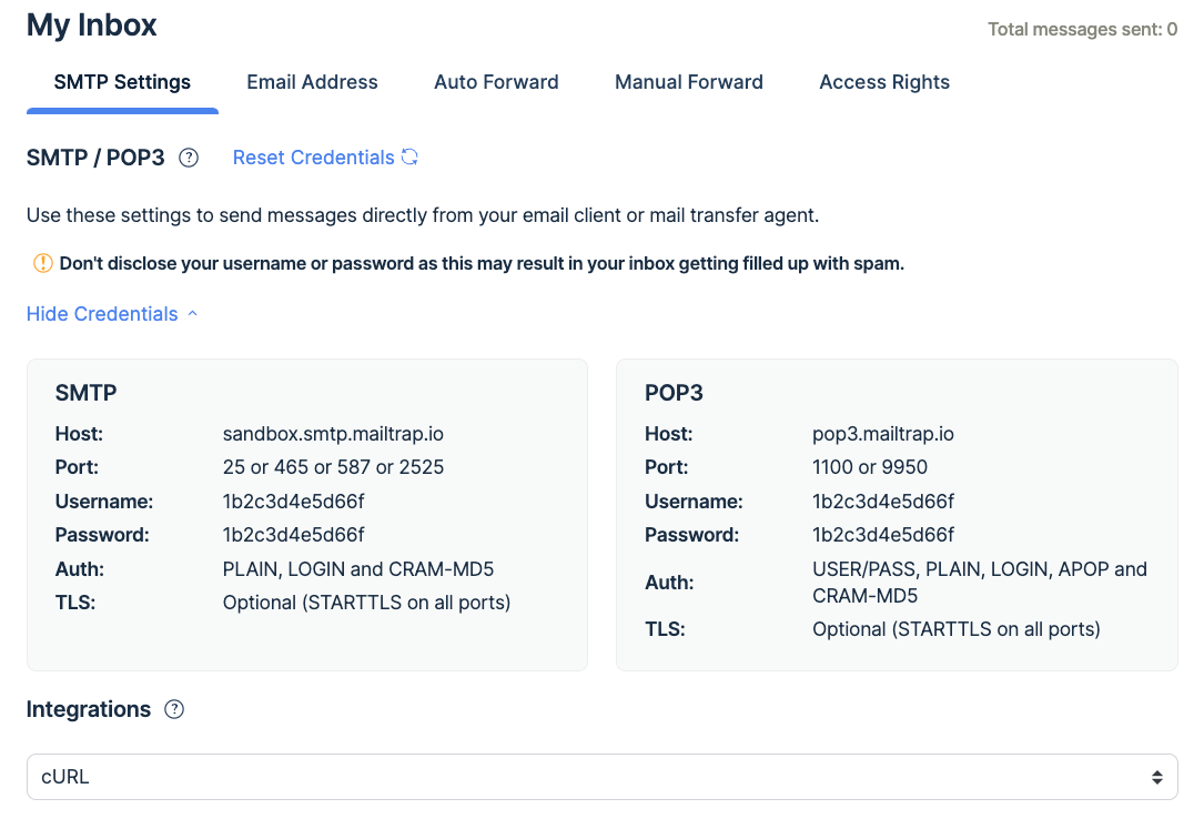Mailtrapのメール送信テストSMTPの設定