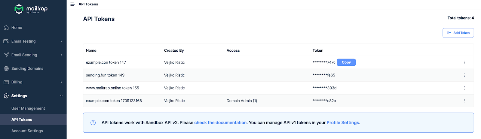 Menu API Tokens do Mailtrap