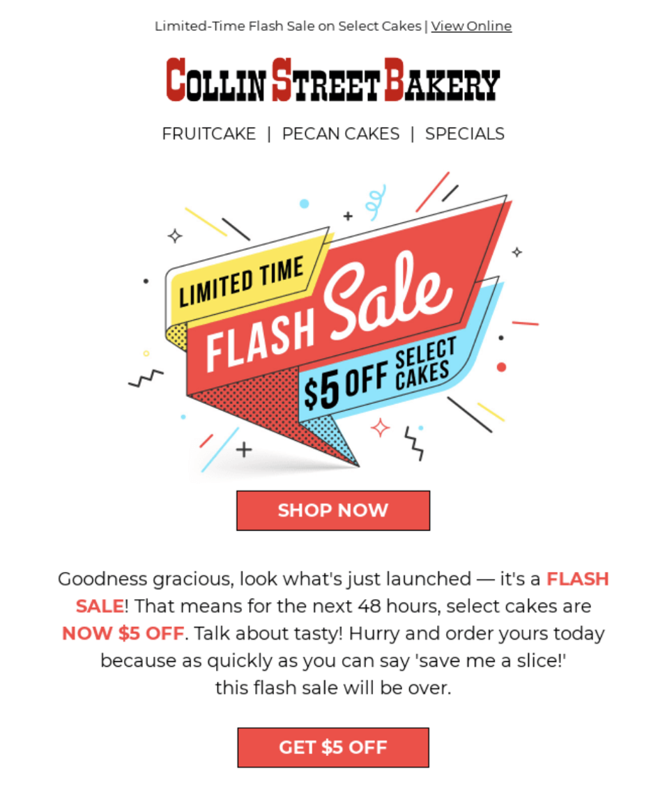 This is an image showing a flash sale event email sample from CollinStreetBakery