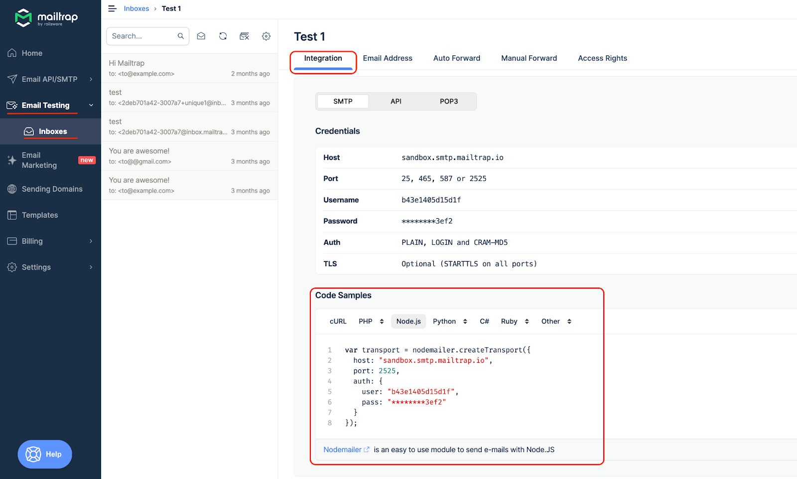 Email Testing de Mailtrap Node.js ET Nodemailer SMTP