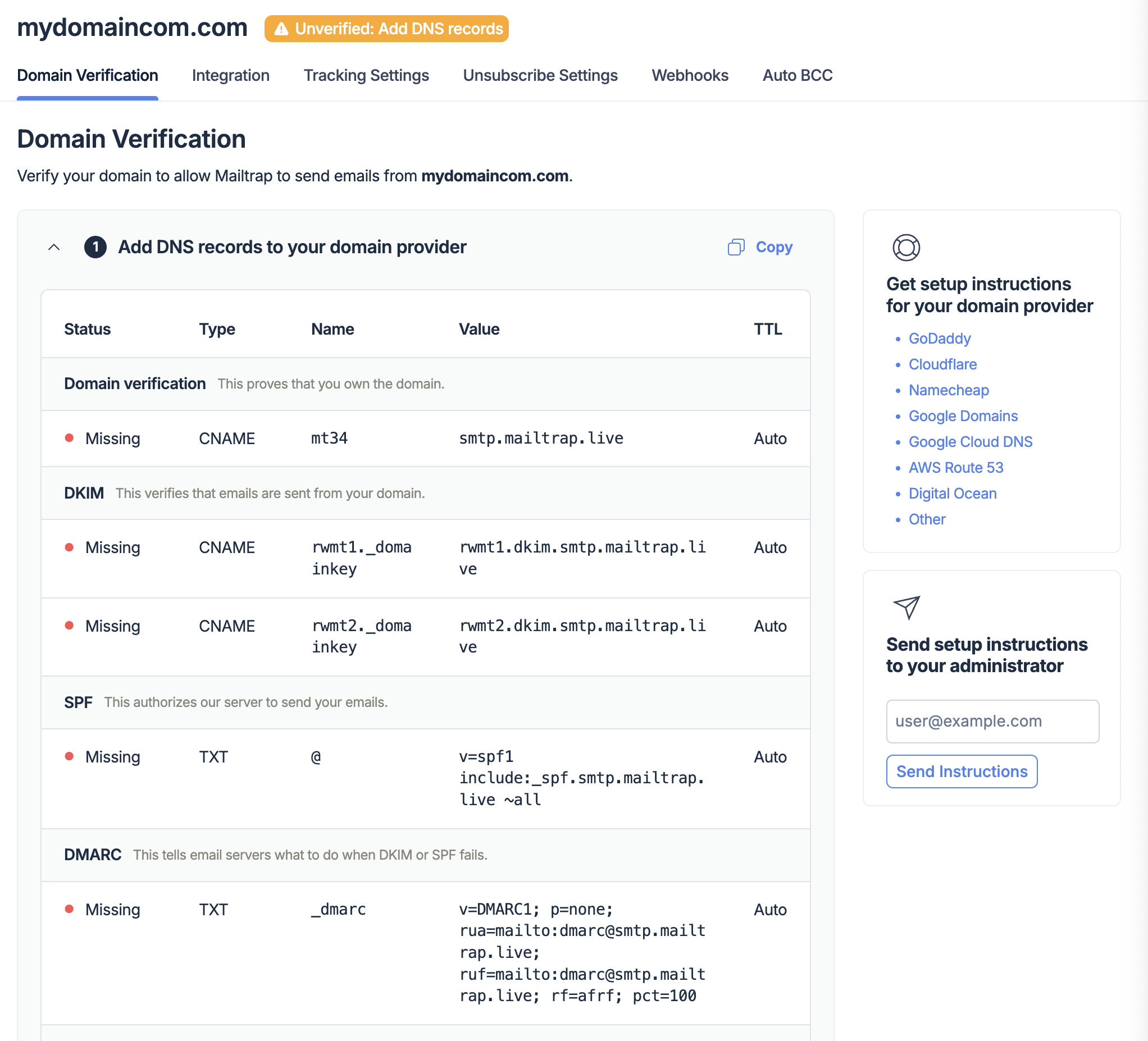 Mailtrap Email Delivery Platform DNS records