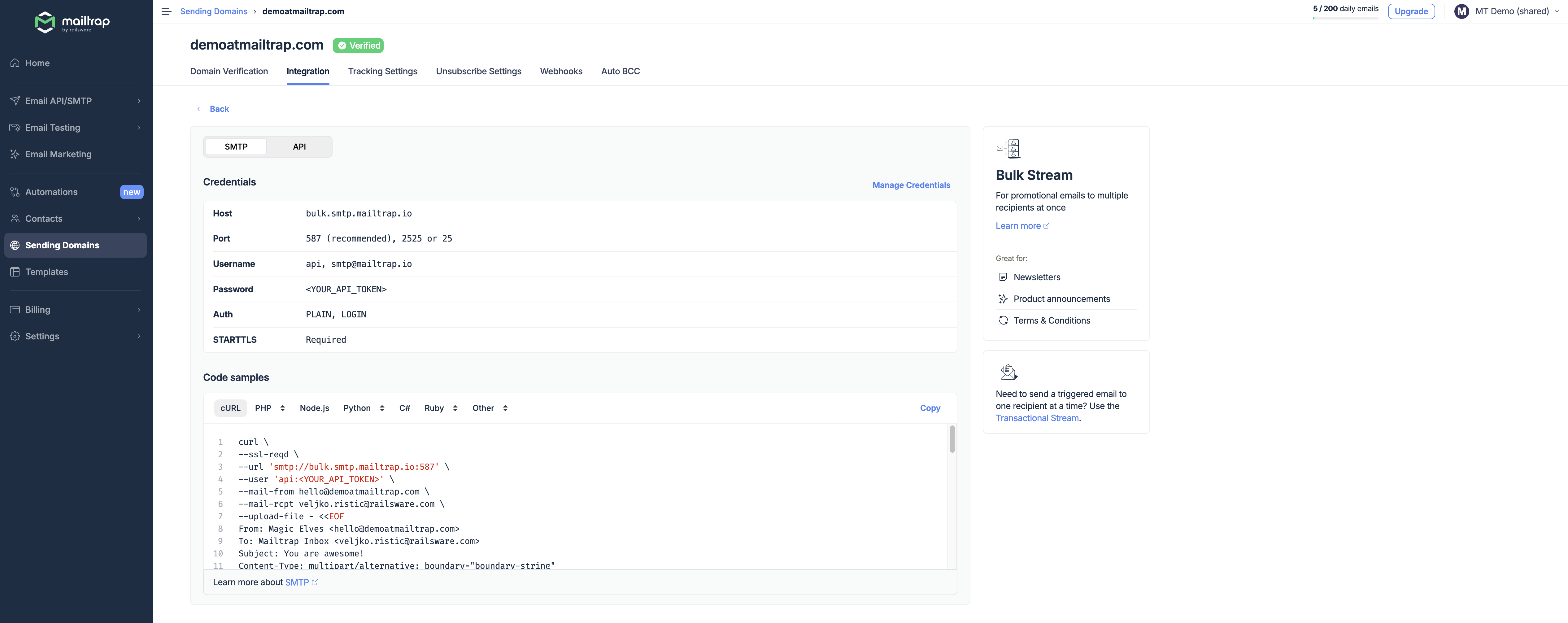 Integración SMTP del Flujo de envío masivo de Mailtrap