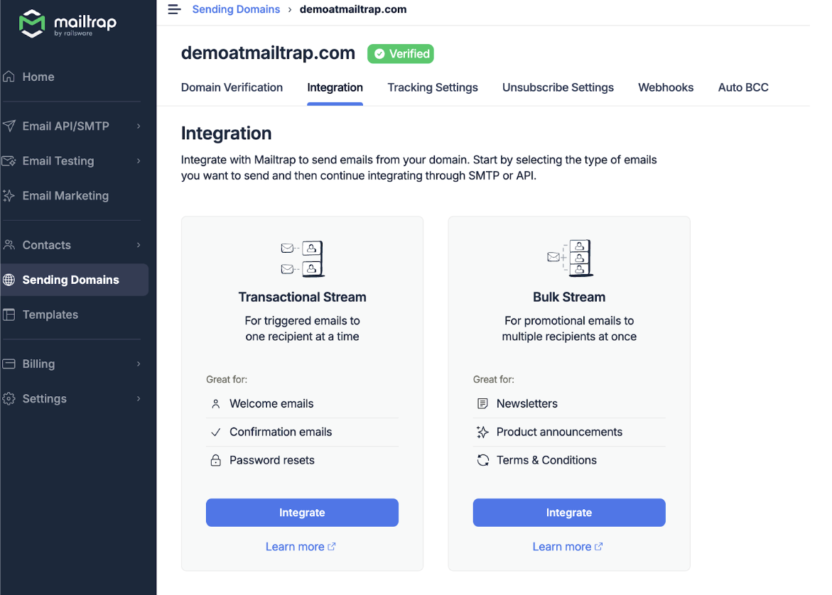 Pestaña de selección de Integration de Sending Domains de Mailtrap