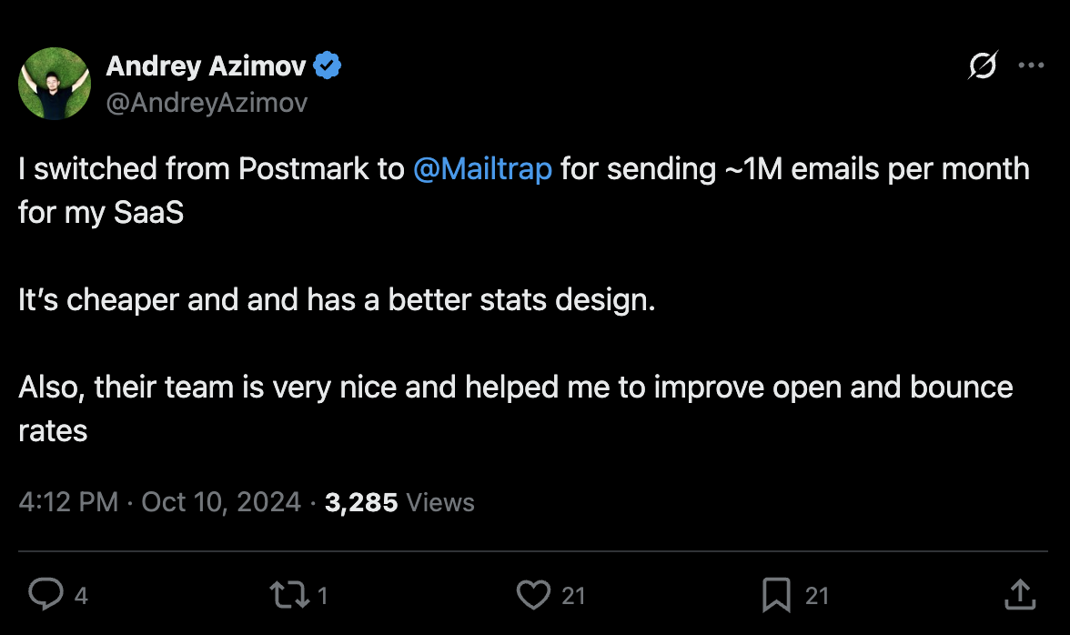 Commentaire réel d'un utilisateur de Mailtrap sur X
