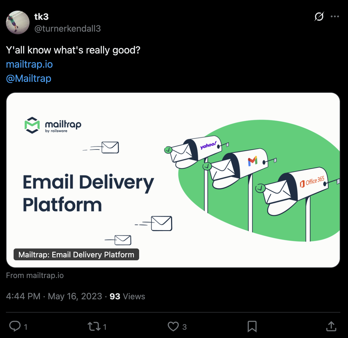 Commentaire réel d'un utilisateur de Mailtrap sur X