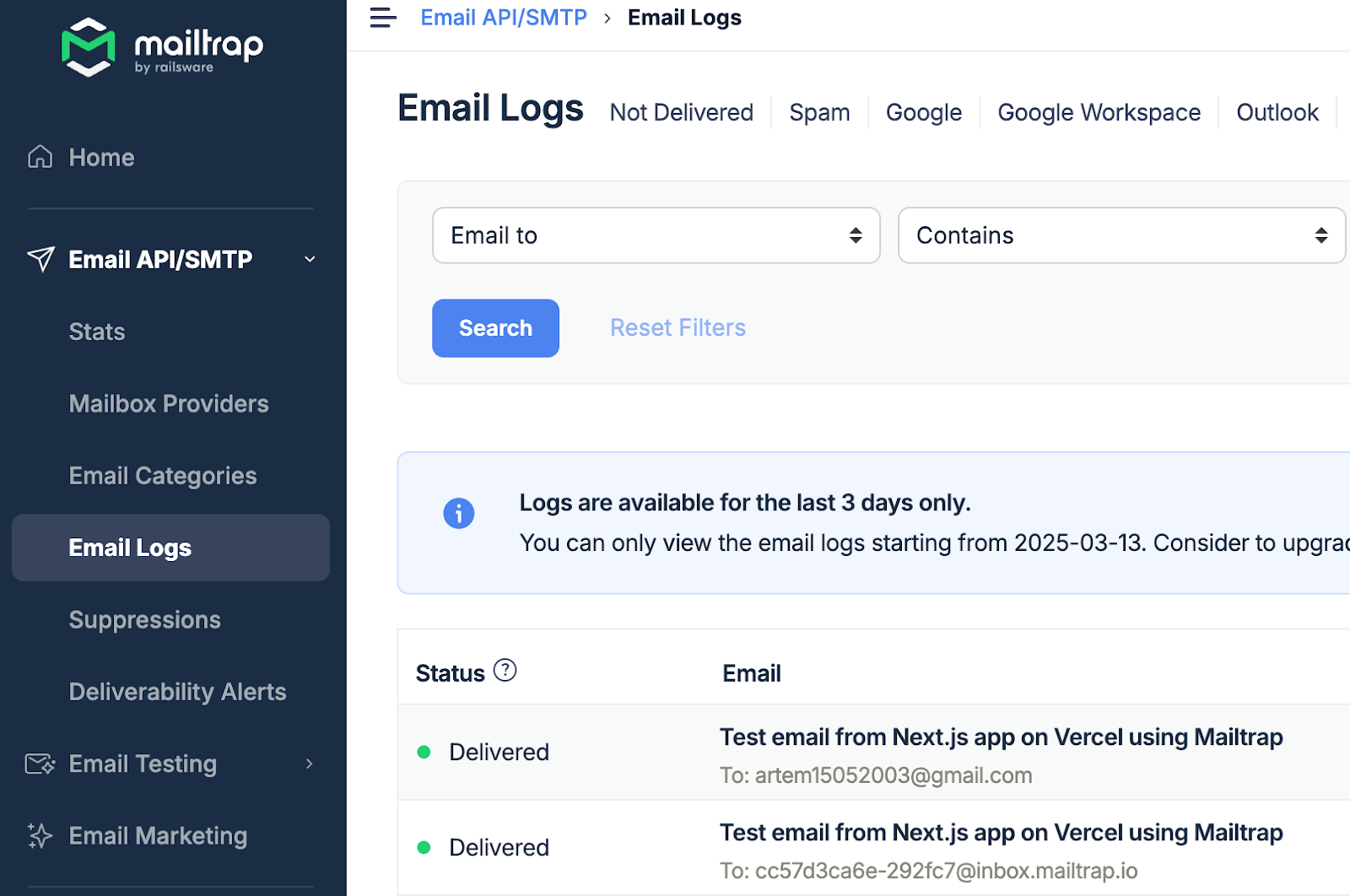 Mailtrap Email Logs
