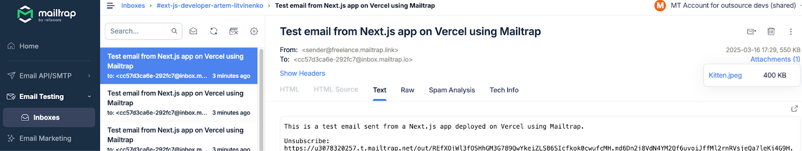 Mailtrap Sandbox Inboxes