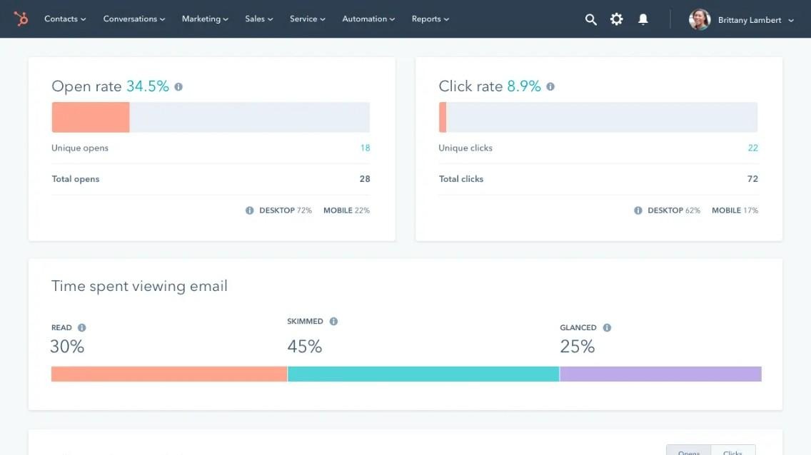 HubSpot native email marketing dashboard