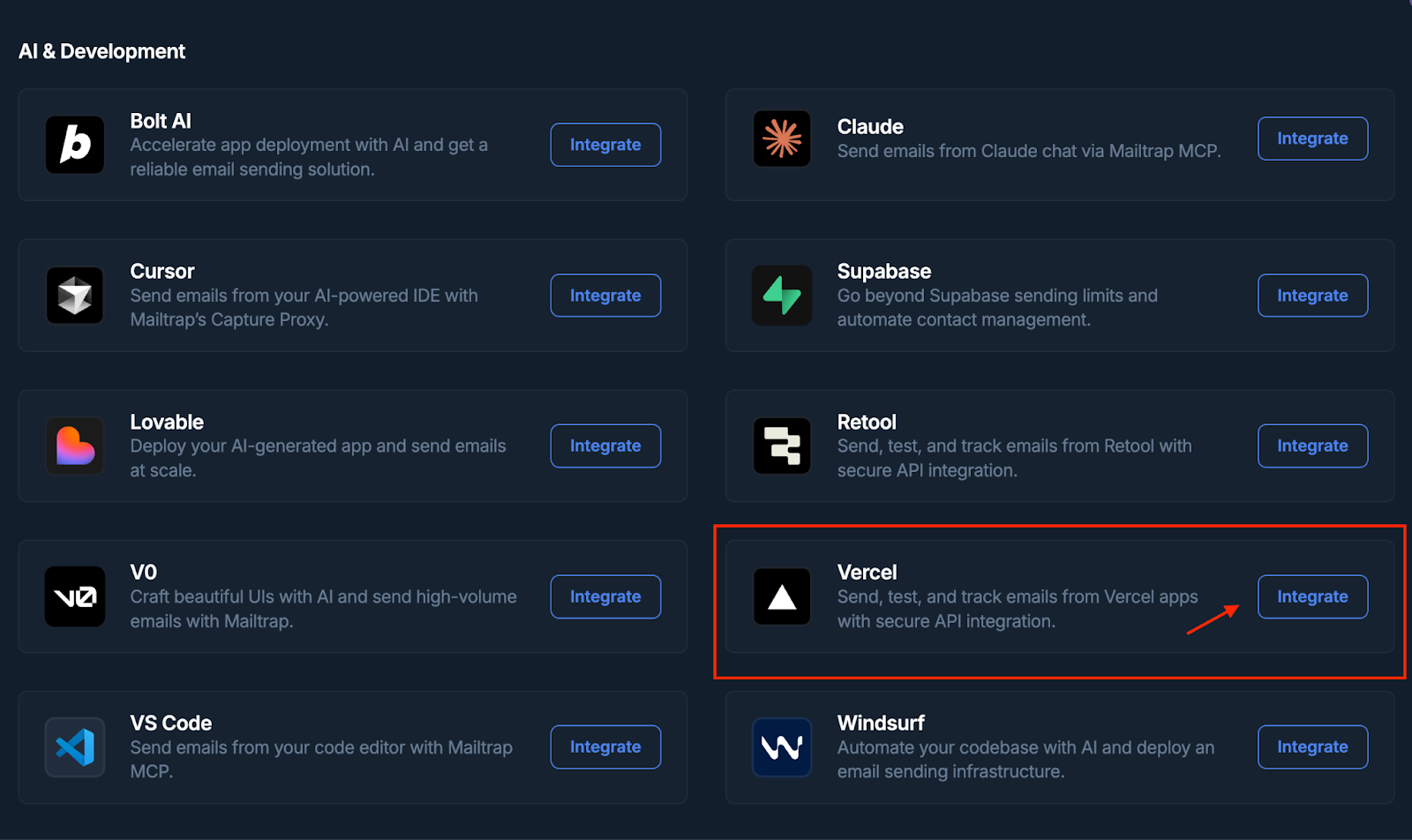 Mailtrap Integrations page