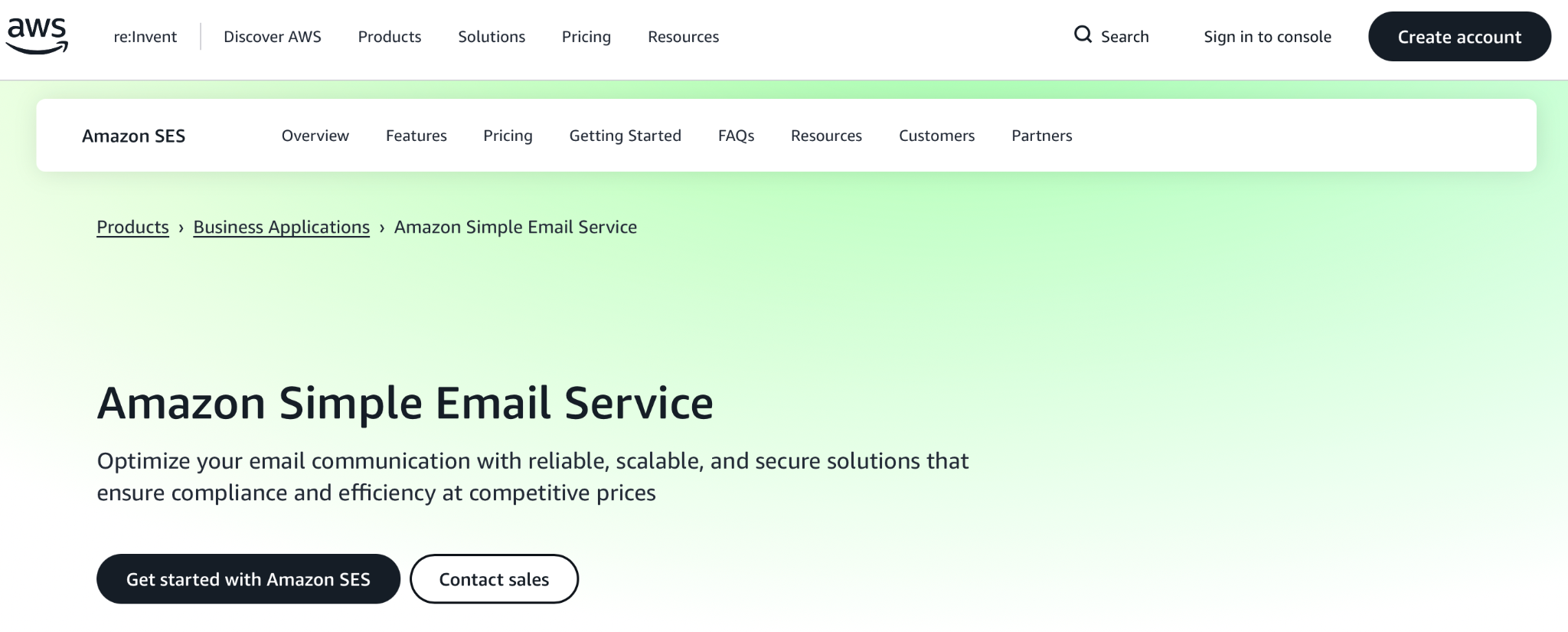 Amazon SES homepage
