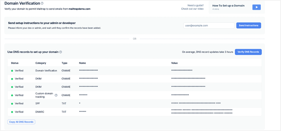 This is an image showing the Mailtrap domain verification page
