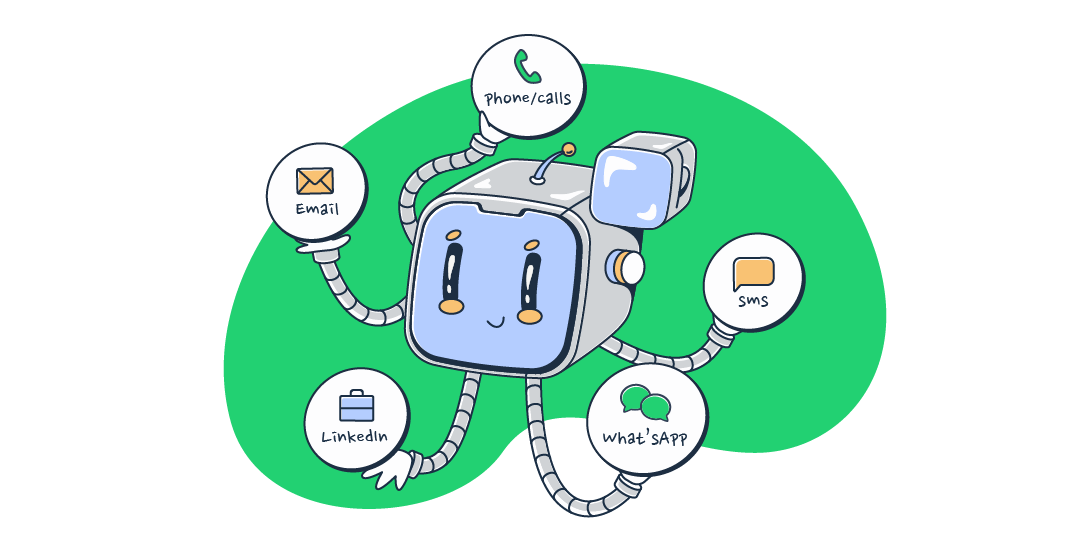 This is a symbolic graphic representation of reply.io and it's features for an article that covers the topic in detail.