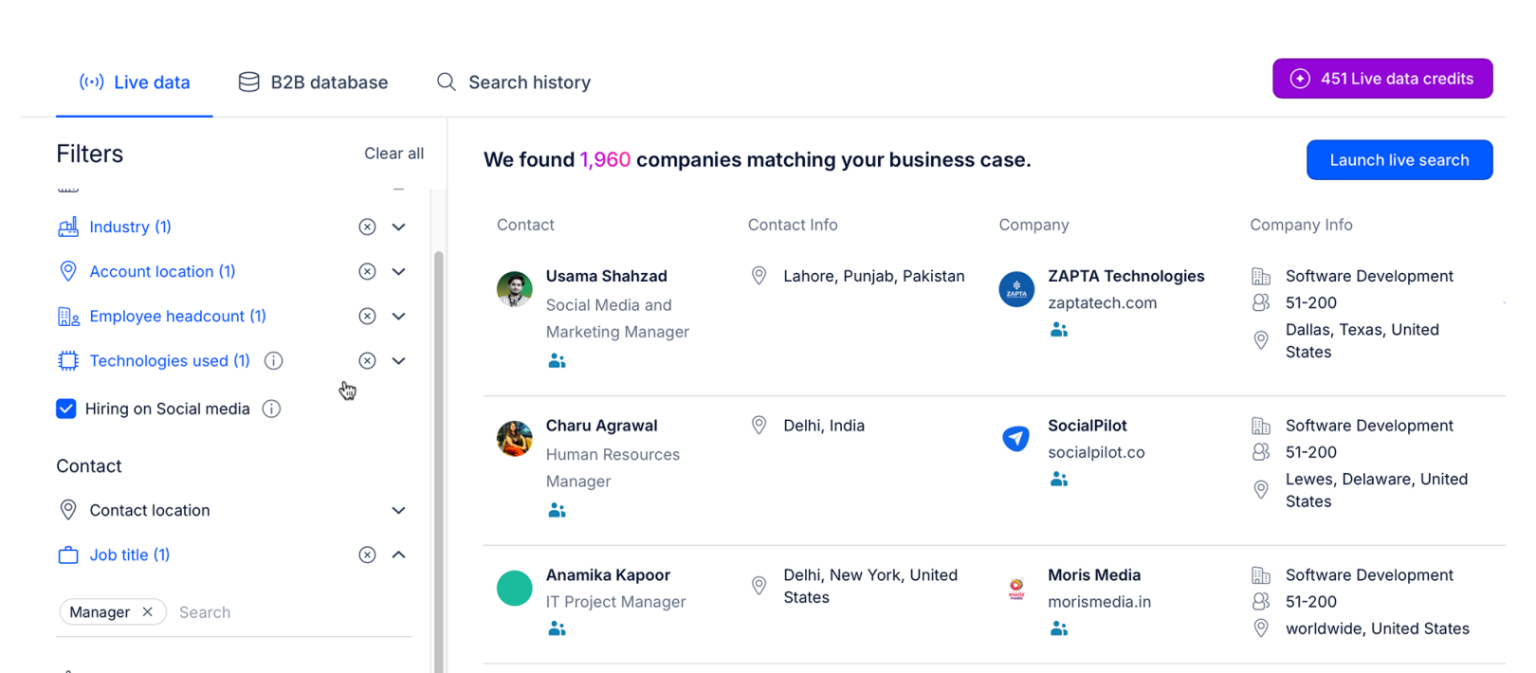 Reply.io live data dashboard with B2B company search filters and prospect database.