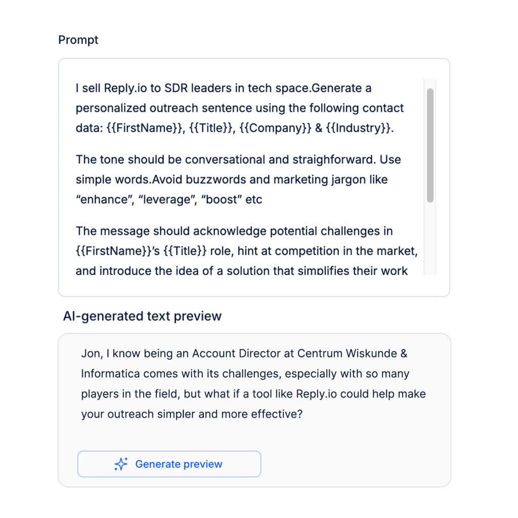 Reply.io email template editor showing personalization variables