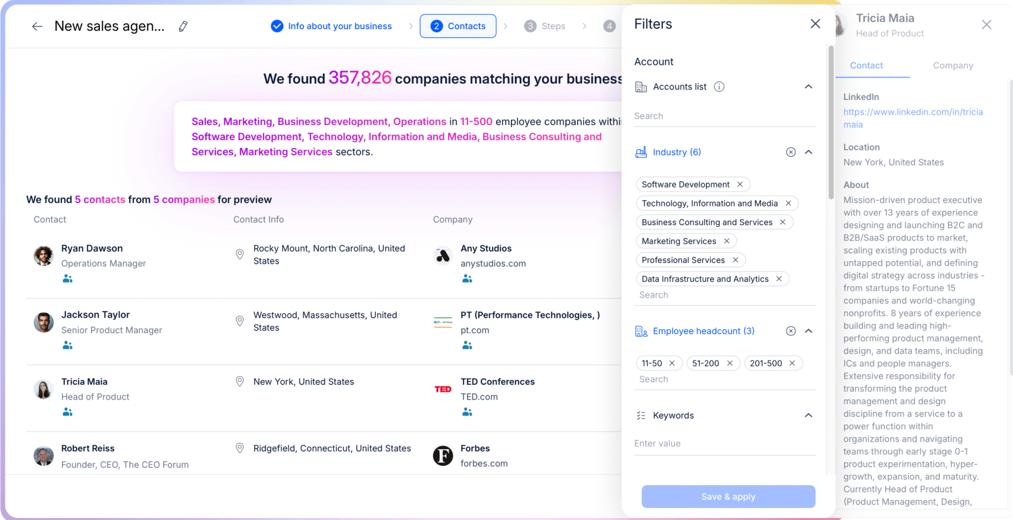 Reply.io contact search interface displaying 357,826 matched companies