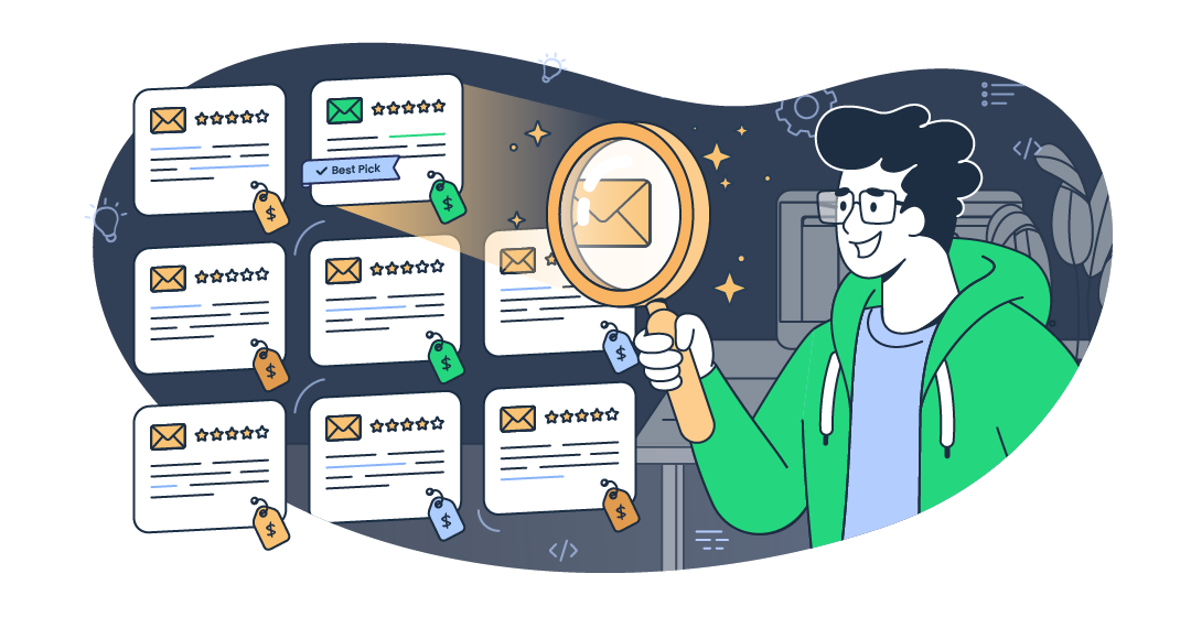 This is a symbolig graphic representation of searching for best email marketing agencies for an aticle that covers the topic in detail.