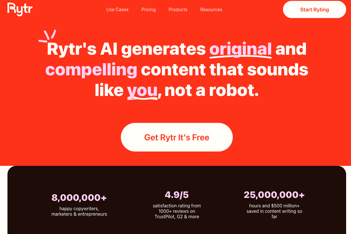 Rytr keeps things simple: a lightweight editor with 20+ tone options for quick, targeted messaging without the bloat of a full content platform.