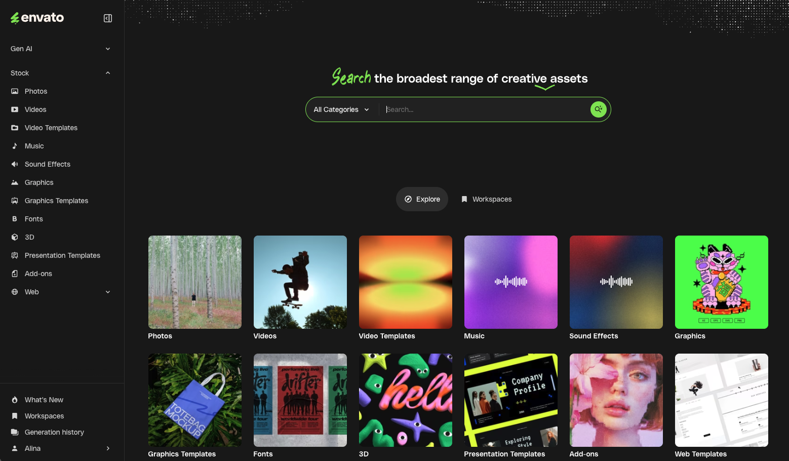 Envato brings email templates, stock imagery, video, audio, and AI generation under one commercially licensed subscription — fewer tabs, fewer headaches.