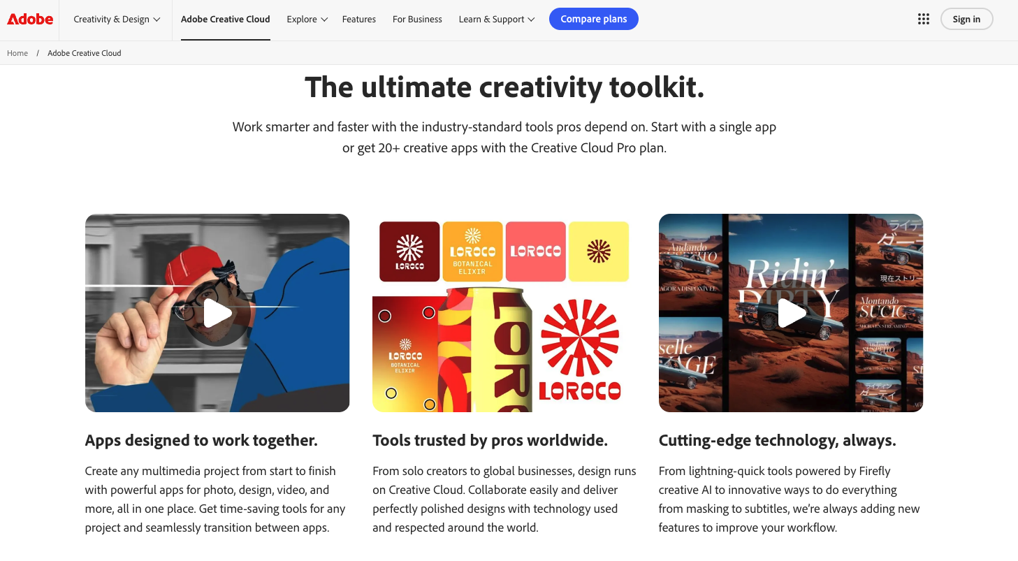Adobe Creative Cloud remains the standard for design-led teams, combining Firefly's AI generation with the depth of Adobe Stock and professional editing tools.