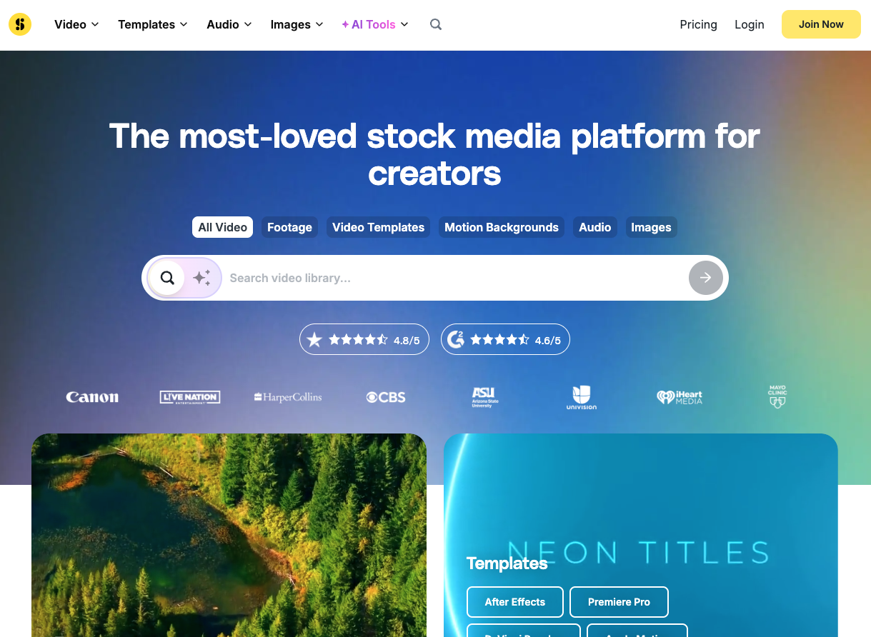 Storyblocks is the go-to for motion-heavy campaigns, with an unlimited-download library of video footage and audio built for brands leaning into video email.