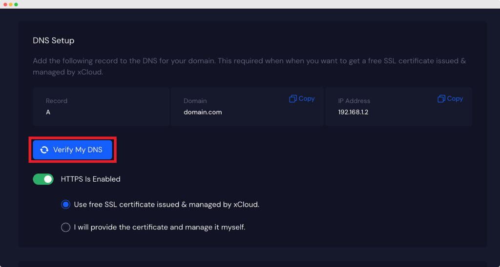 Screenshot of the xCloud DNS Setup Verification Process