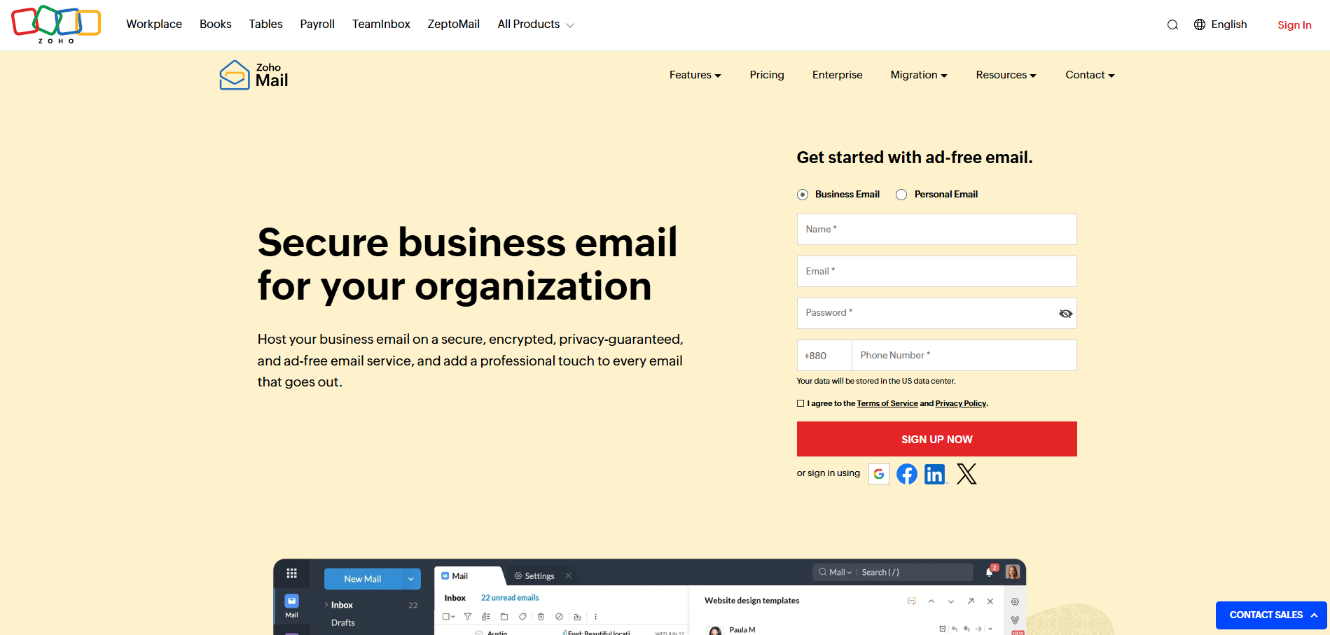 Screenshot of the Zoho Mail homepage featuring a sign-up form for secure business email