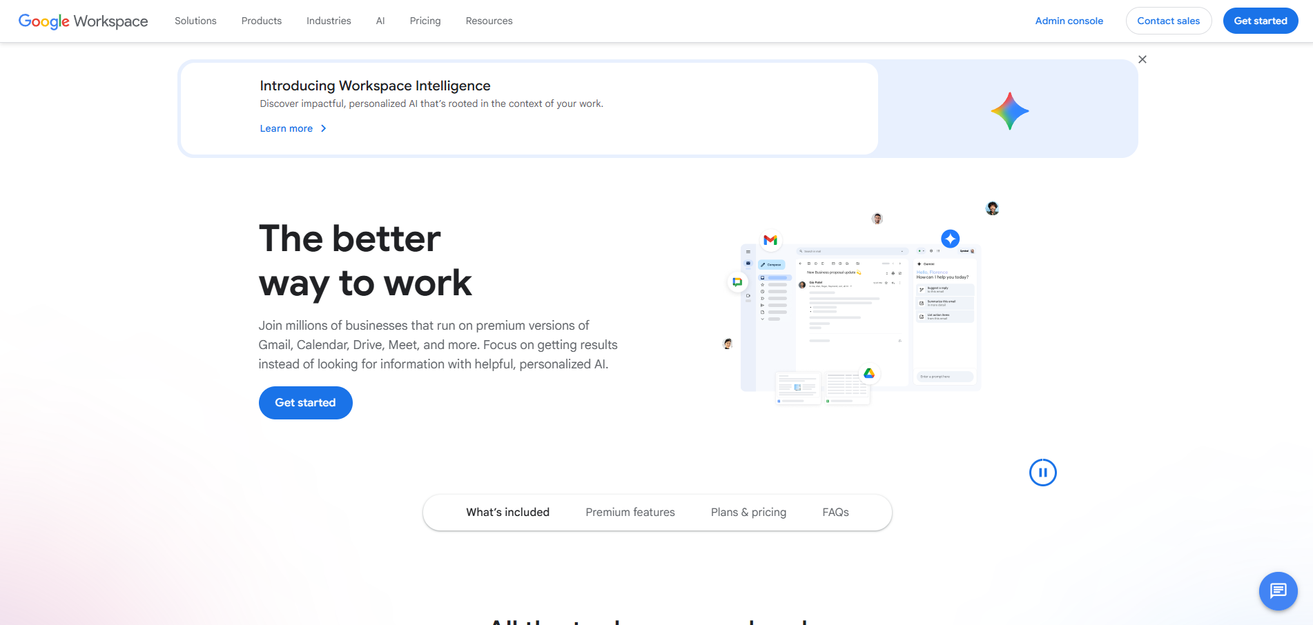 Screenshot of the Google Workspace homepage featuring a banner for Workspace Intelligence and an illustration of the Gmail interface