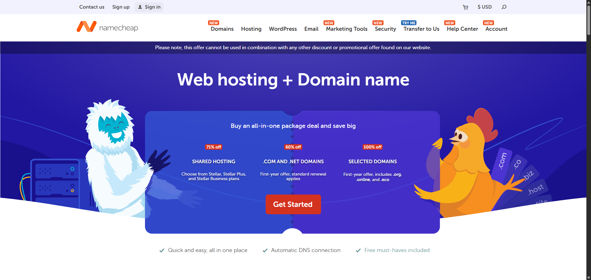 Screenshot of the namecheap web hosting + domain name webpage displaying an illustration of a monkey and rooster showing deals