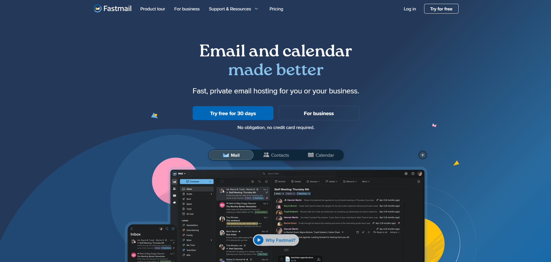 Screenshot of the Fastmail homepage with a preview of the email client interface