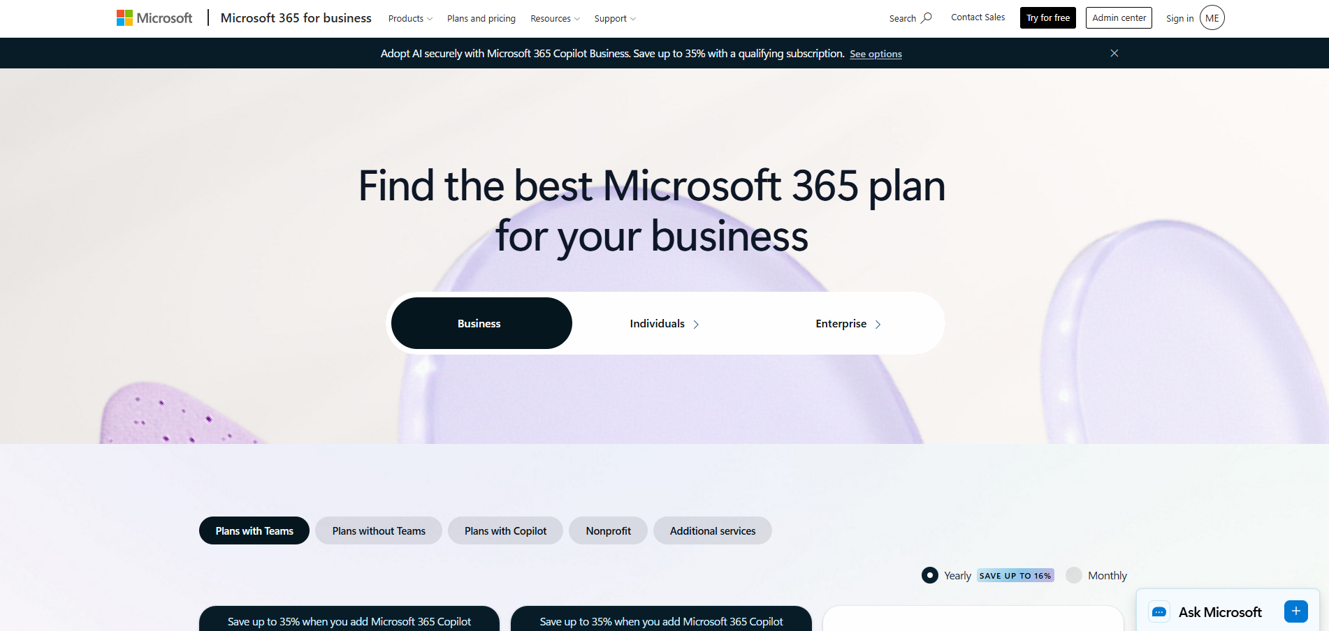 Screenshot of the Microsoft 365 for Business webpage