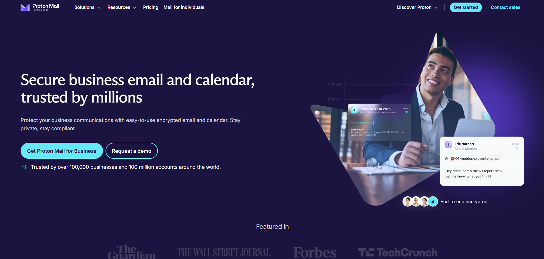 Screenshot of the Proton Mail for Business homepage showing an illustrative graphic of a professional working at a laptop