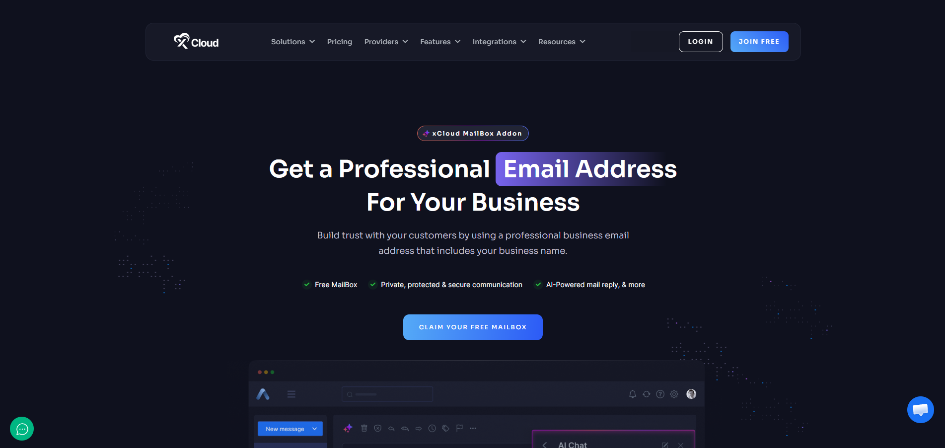 Screenshot of the xCloud website displaying button to claim a free mailbox.