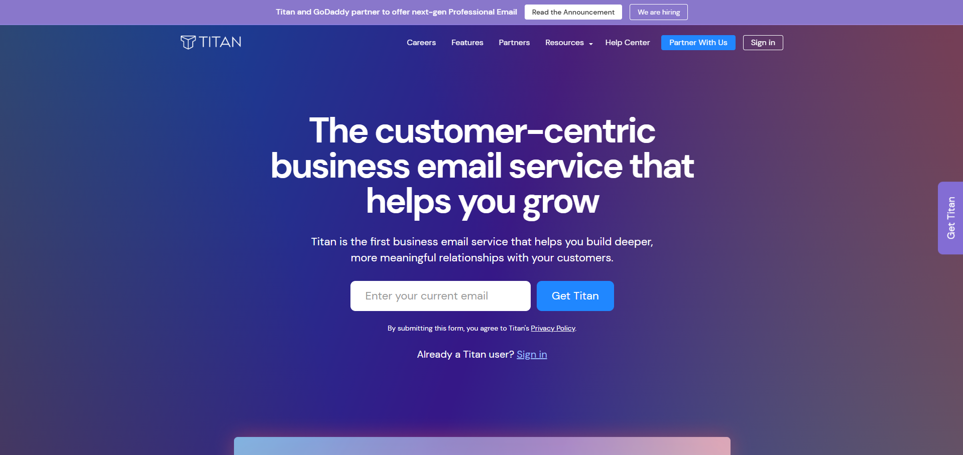 Screenshot of the Titan homepage displaying a form to enter an email to get the plan